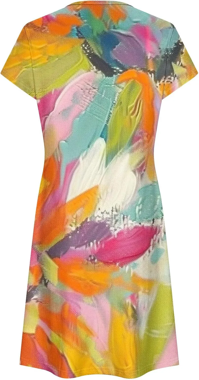 Women's Summer Boho Printed Dress Casual Loose Short Sleeved Dress Hawaiian Beach Maxi Dress Sundresses