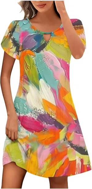 Women's Summer Boho Printed Dress Casual Loose Short Sleeved Dress Hawaiian Beach Maxi Dress Sundresses
