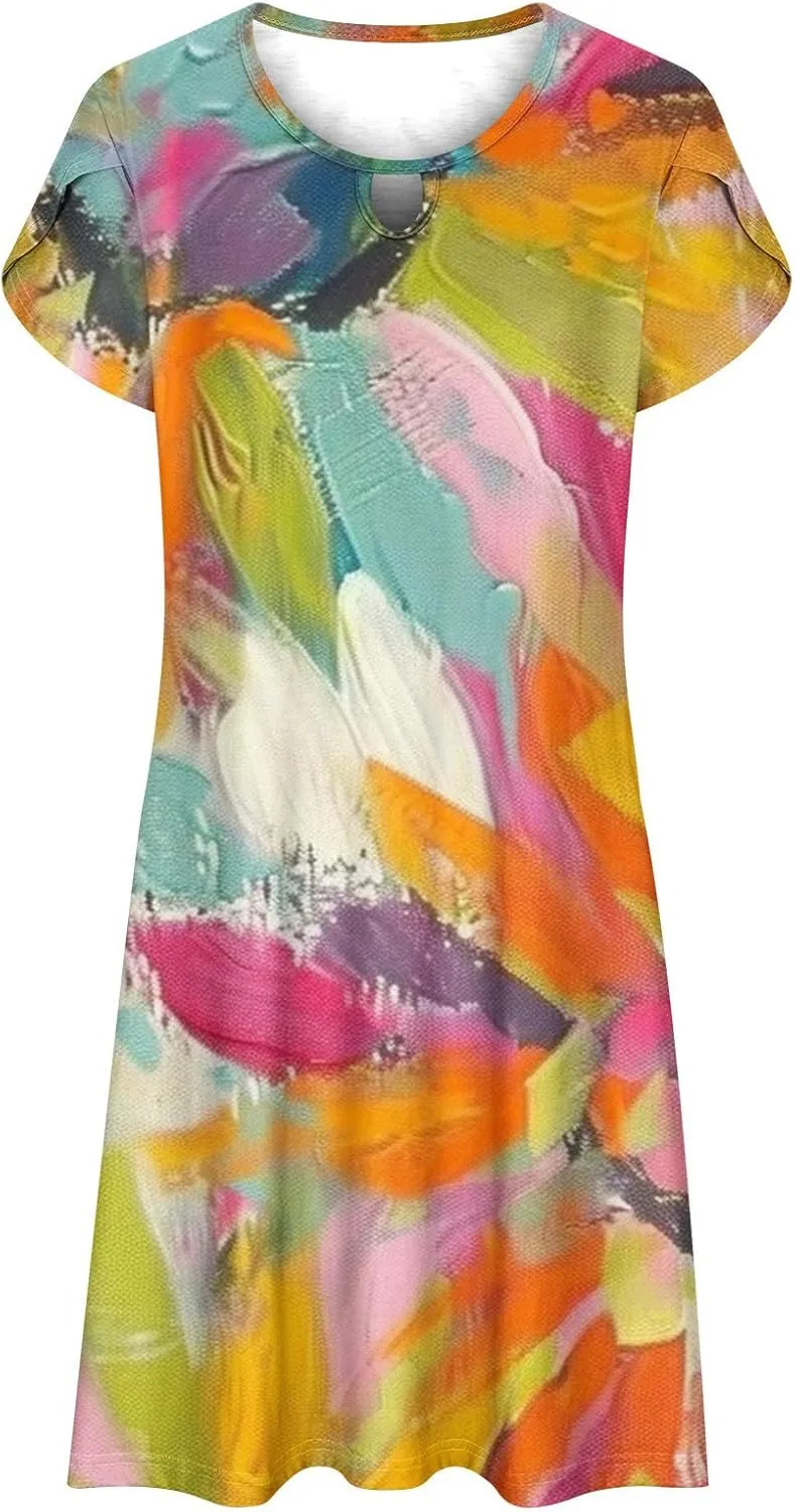 Women's Summer Boho Printed Dress Casual Loose Short Sleeved Dress Hawaiian Beach Maxi Dress Sundresses