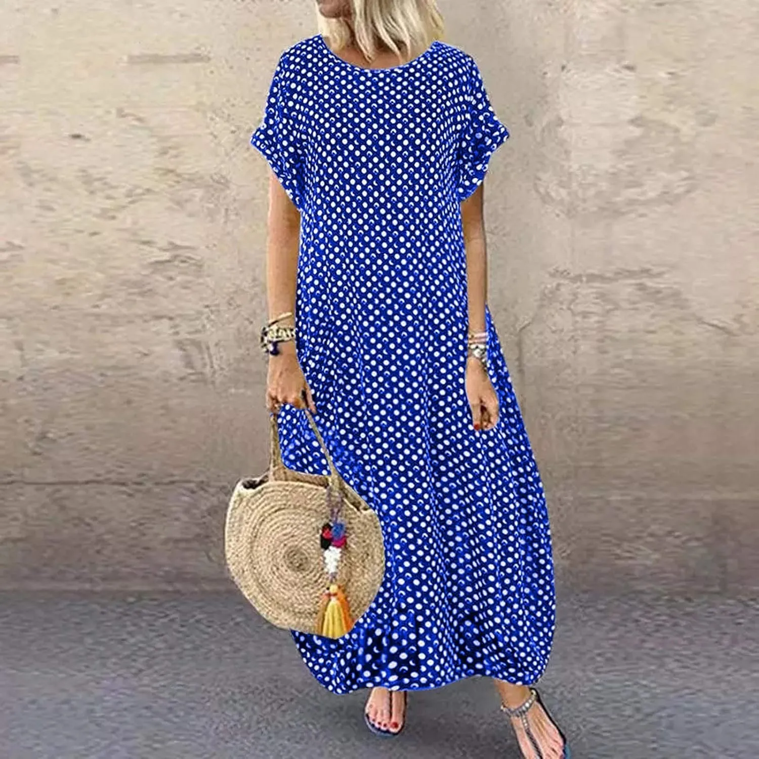 Womens Summer Casual Dress V Neck Short Sleeve Floral Print Boho Beach Sundress Tiered Ruffle Maxi Dress with Pockets