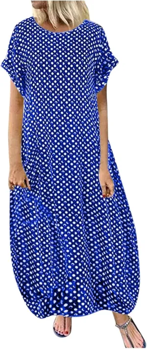 Womens Summer Casual Dress V Neck Short Sleeve Floral Print Boho Beach Sundress Tiered Ruffle Maxi Dress with Pockets
