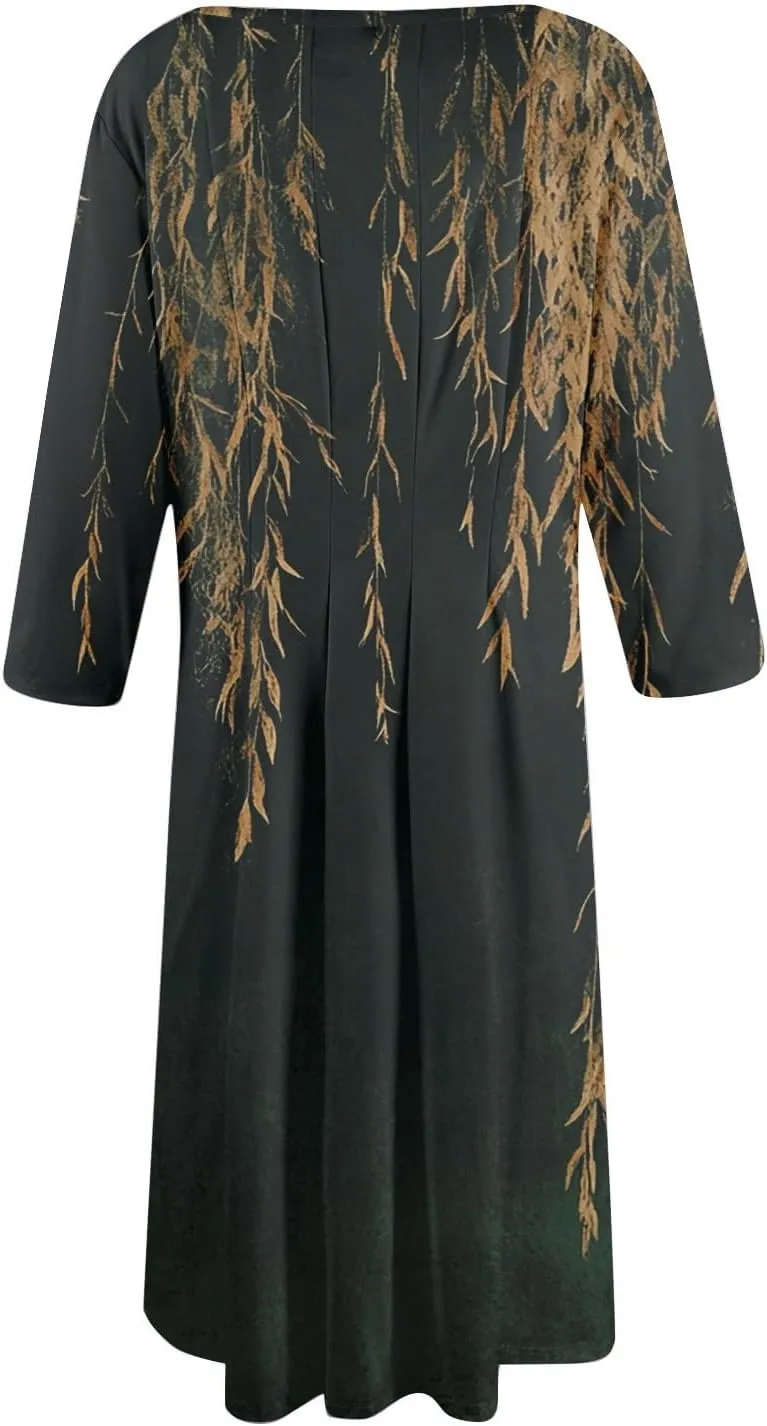 Women's Summer Casual Loose Trendy Crew Neck 3/4 Sleeve Floral Print Midi Boho Dresses 2025 Plus Size, S-3XL