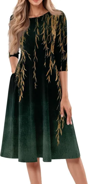 Women's Summer Casual Loose Trendy Crew Neck 3/4 Sleeve Floral Print Midi Boho Dresses 2025 Plus Size, S-3XL
