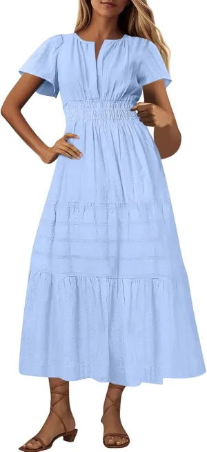 Women's Summer Casual Maxi Dress High Elastic Waist Puff Short Sleeve Ruffle Tiered Long Dress Flowy Beach Sundress