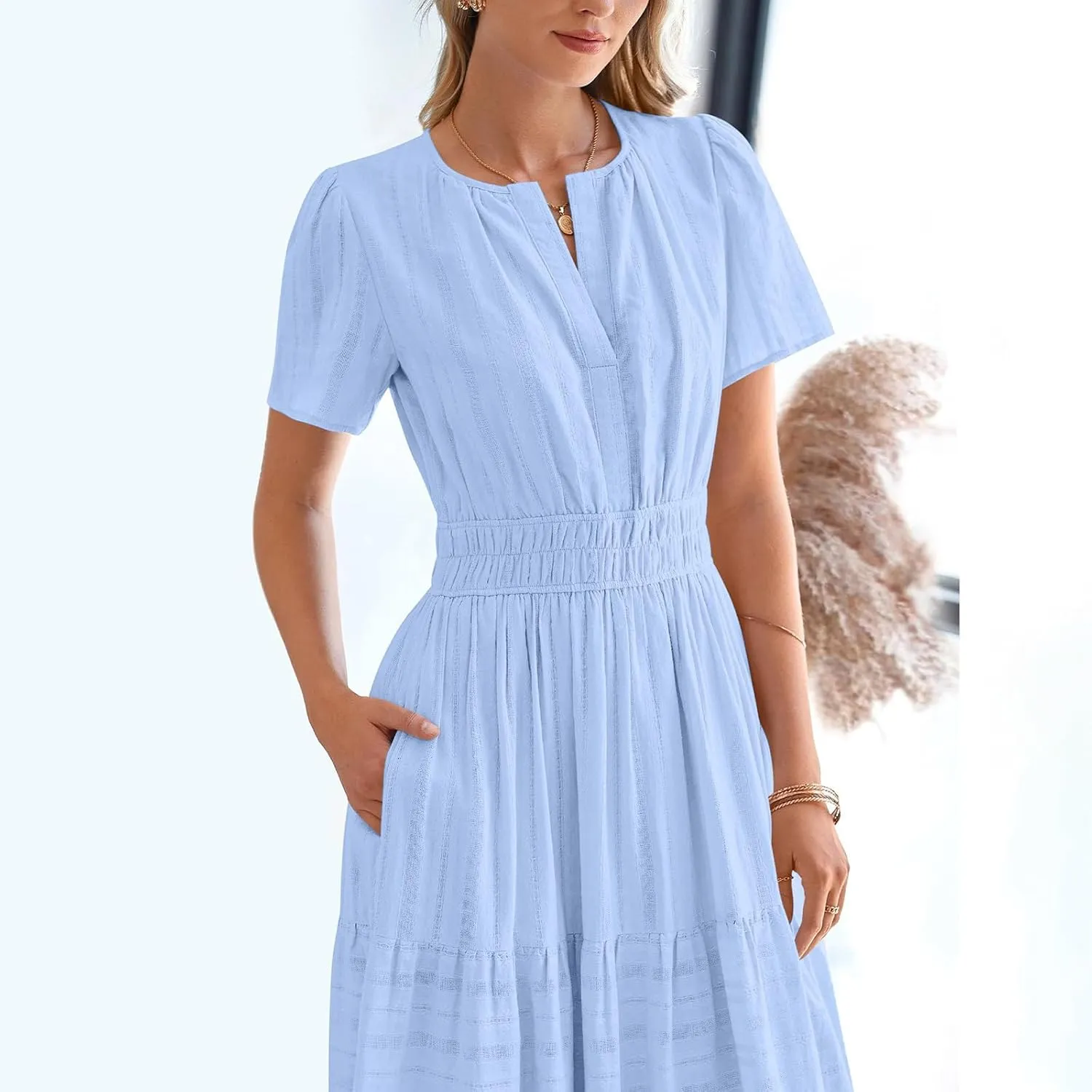 Women's Summer Casual Maxi Dress High Elastic Waist Puff Short Sleeve Ruffle Tiered Long Dress Flowy Beach Sundress
