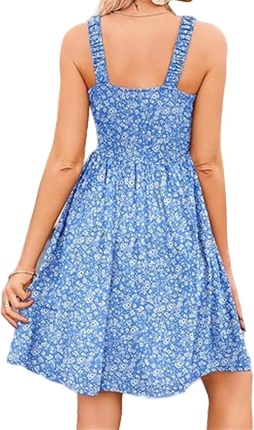 Women's Summer Casual Square Neck Dress with Pocket Cute Floral Sleeveless Midi Dresses A-Line Swing Tank Sundress