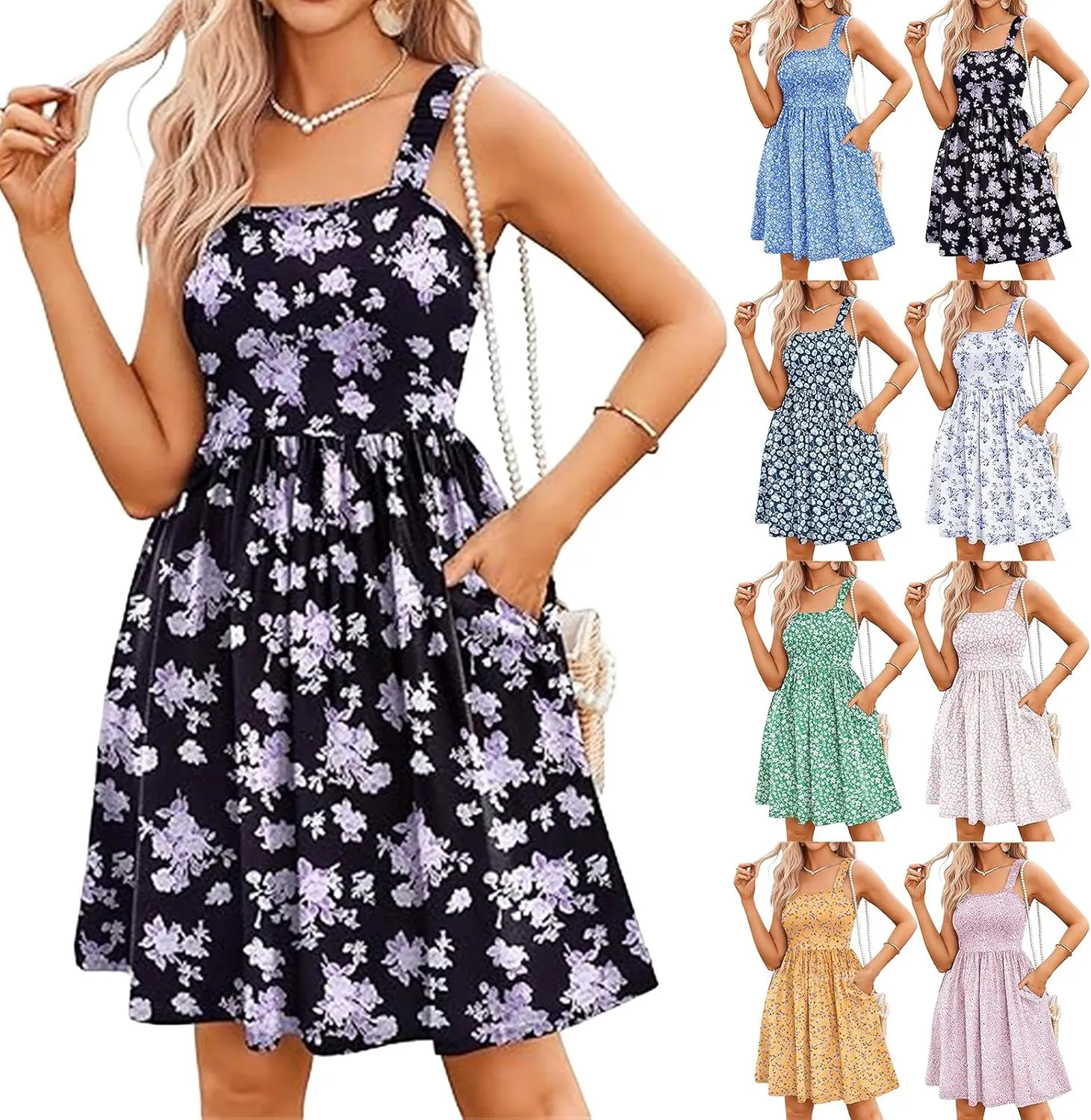 Women's Summer Casual Square Neck Dress with Pocket Cute Floral Sleeveless Midi Dresses A-Line Swing Tank Sundress