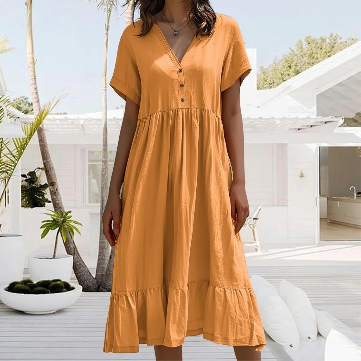 Womens Summer Dress Button Down V Neck Short Sleeve Midi Dress Cotton Linen Flowy Tiered A Line Casual Beach Sundress
