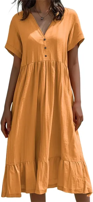 Womens Summer Dress Button Down V Neck Short Sleeve Midi Dress Cotton Linen Flowy Tiered A Line Casual Beach Sundress