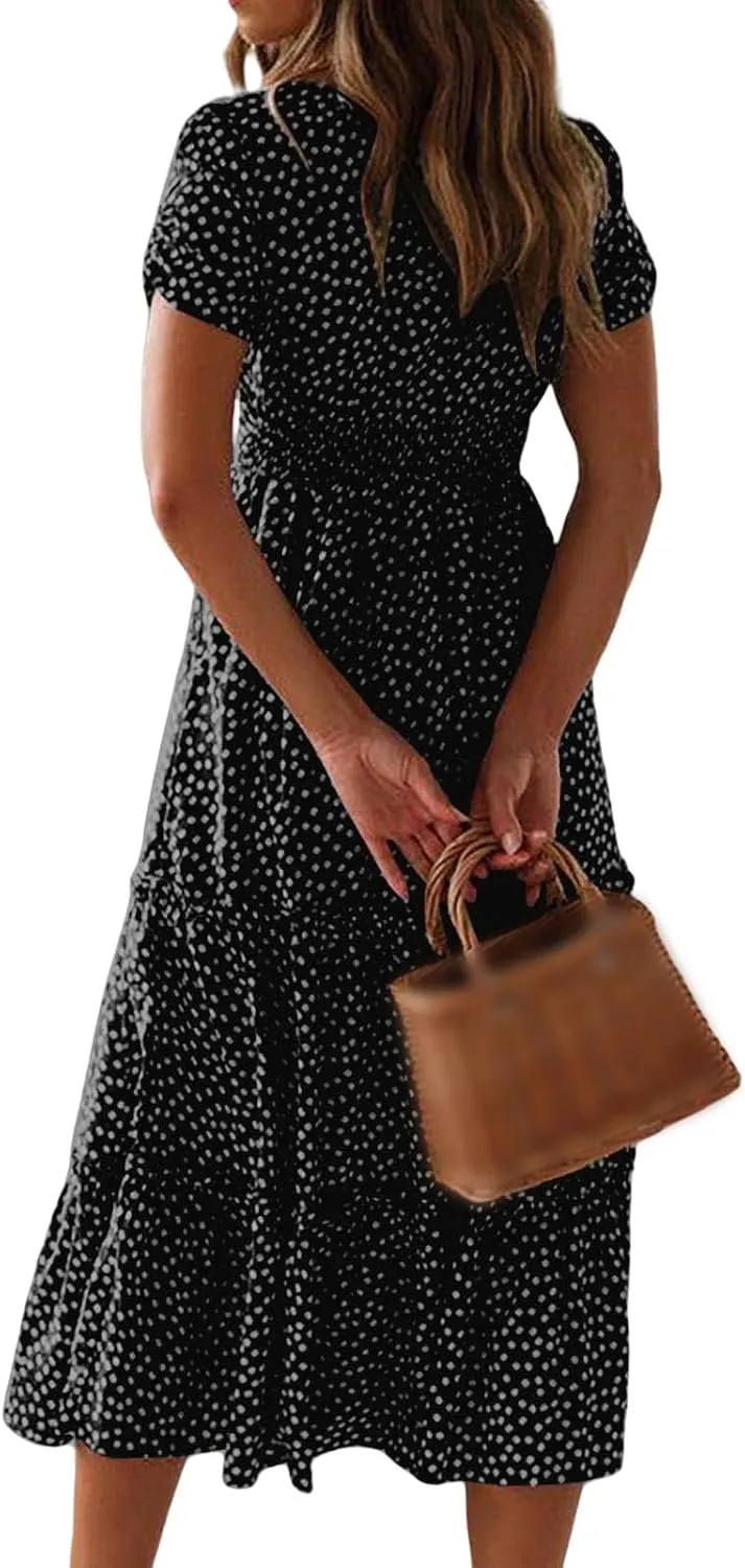 Womens Summer Dress Polka Dot Square Neck Short Sleeve Smocked Midi Dress Casual Dressy Flowy A Line Beach Dress