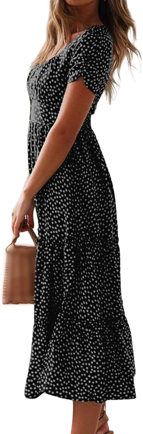 Womens Summer Dress Polka Dot Square Neck Short Sleeve Smocked Midi Dress Casual Dressy Flowy A Line Beach Dress