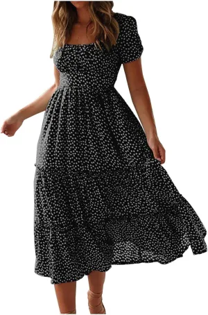 Womens Summer Dress Polka Dot Square Neck Short Sleeve Smocked Midi Dress Casual Dressy Flowy A Line Beach Dress