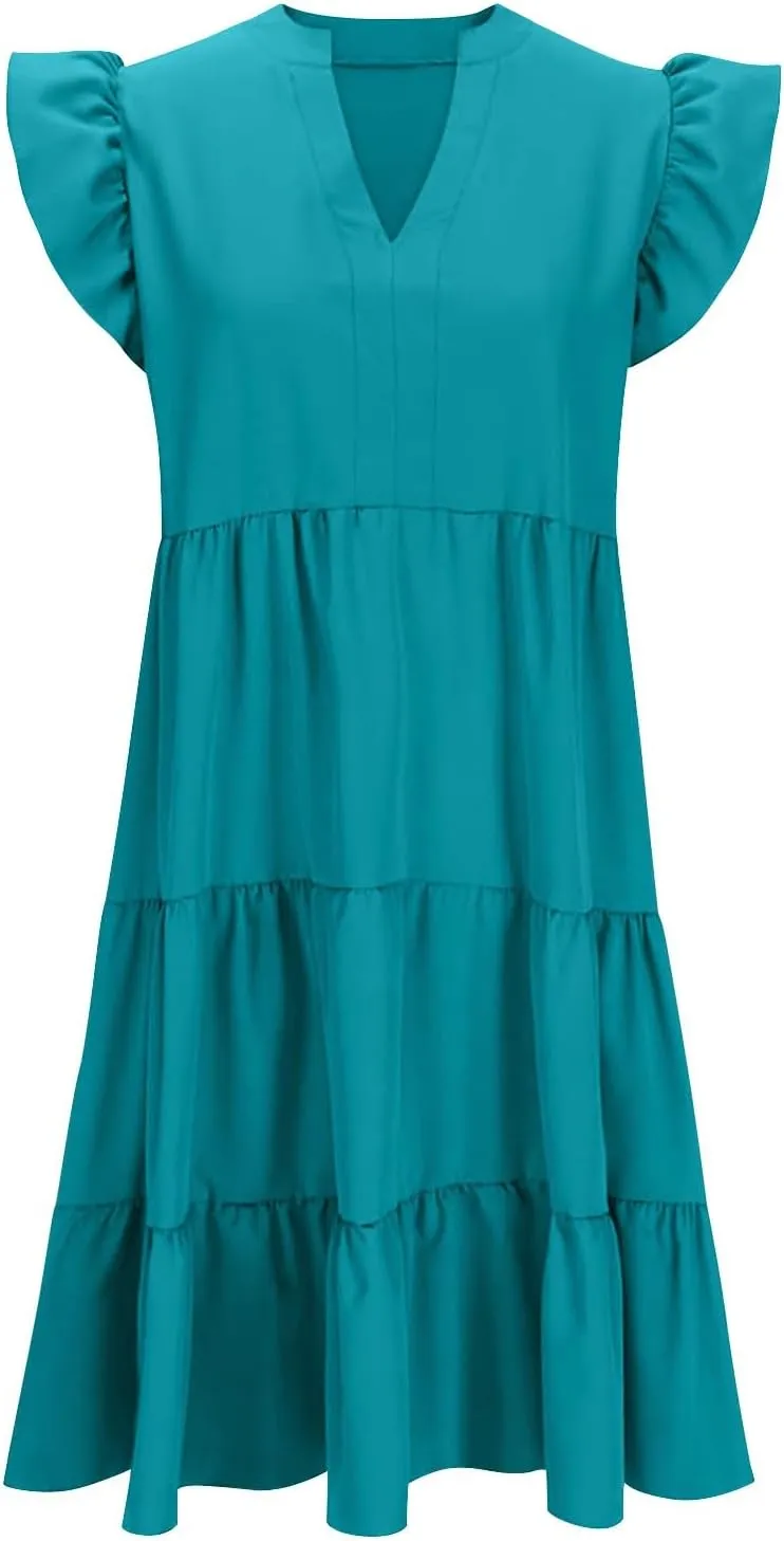 Womens Summer Dress Ruffle Sleeve V Neck Midi Dresses Fashion Casual Flowy Tiered Boho Beach Vacation Sundress Pocket