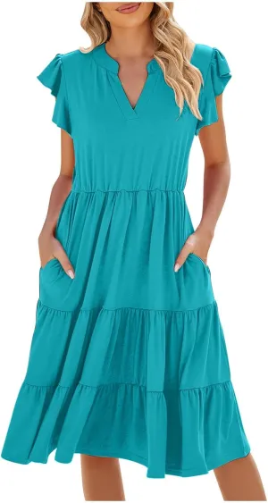Womens Summer Dress Ruffle Sleeve V Neck Midi Dresses Fashion Casual Flowy Tiered Boho Beach Vacation Sundress Pocket