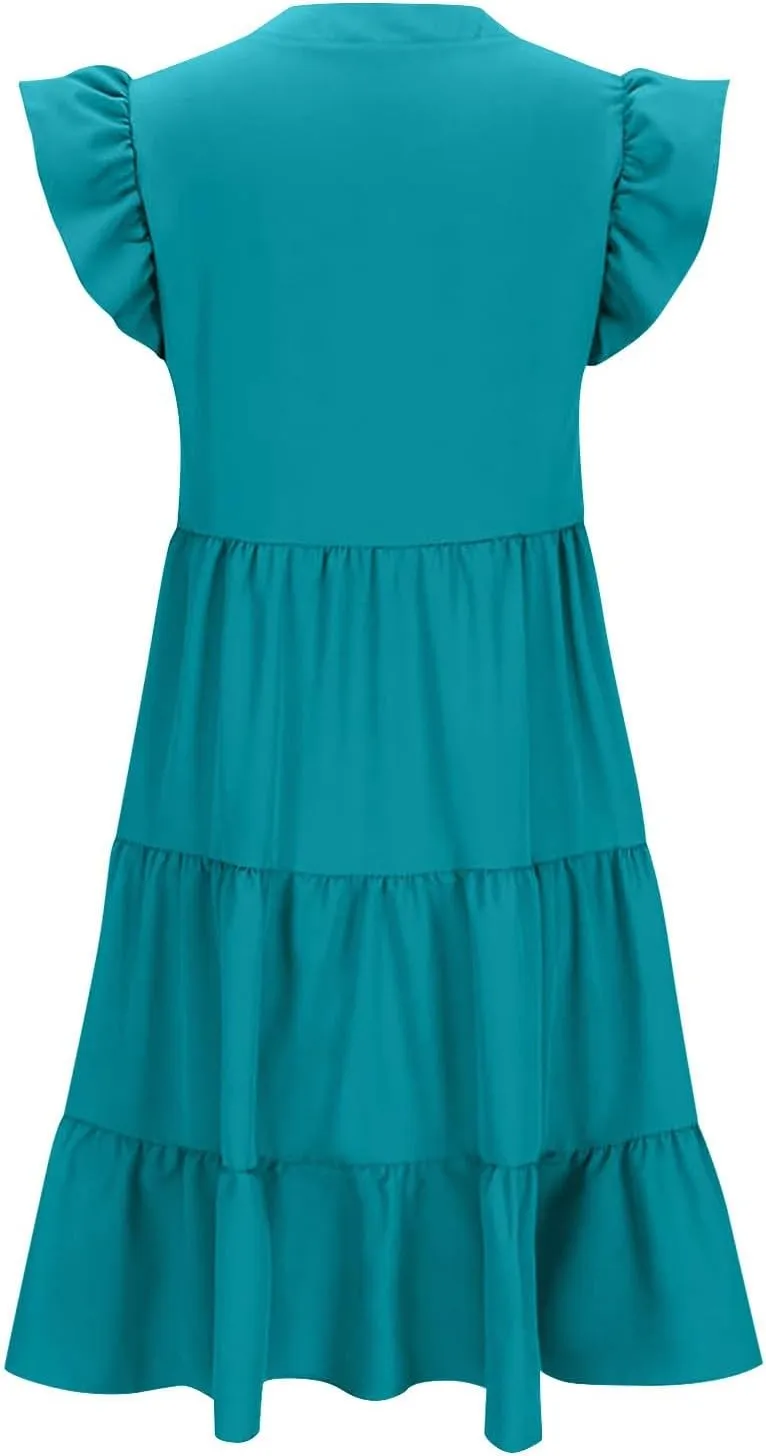 Womens Summer Dress Ruffle Sleeve V Neck Midi Dresses Fashion Casual Flowy Tiered Boho Beach Vacation Sundress Pocket