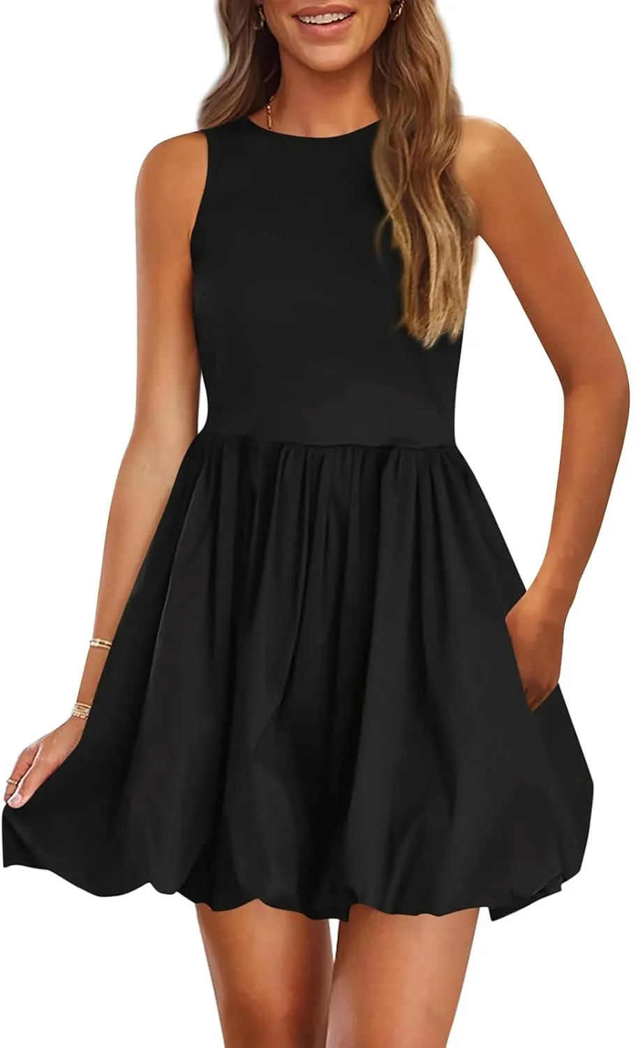 Womens Summer Dress Sleeveless Crew Neck Tank Mini Short Dress Casual Cute Swing Bubble Sundress Wedding Party Dresses