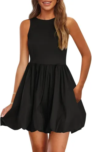 Womens Summer Dress Sleeveless Crew Neck Tank Mini Short Dress Casual Cute Swing Bubble Sundress Wedding Party Dresses