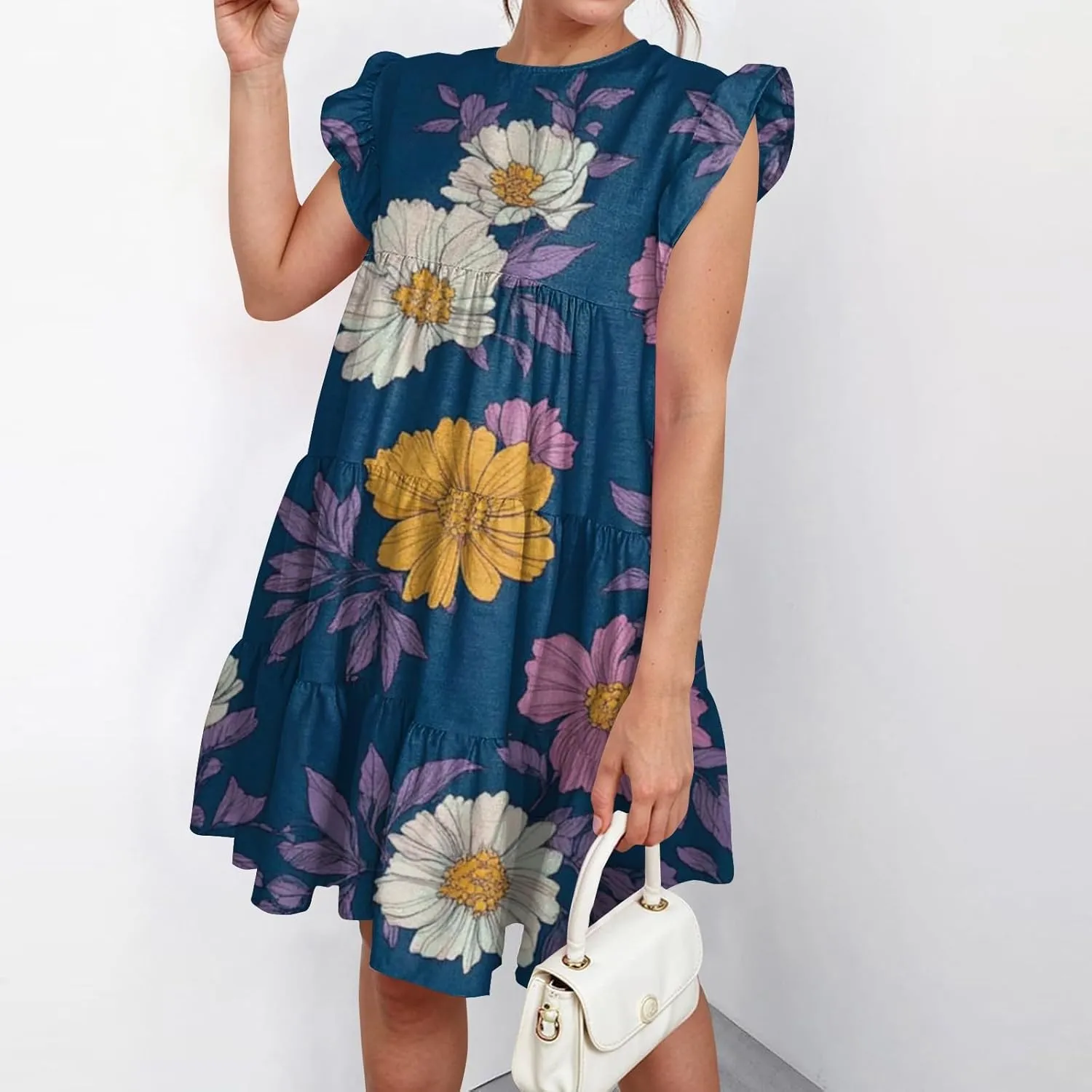 Womens Summer Dresses 2025 Casual Floral Print Dresses Trendy Cap Sleeve Vacation Sundress Fashion Beach Mini Dress
