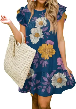 Womens Summer Dresses 2025 Casual Floral Print Dresses Trendy Cap Sleeve Vacation Sundress Fashion Beach Mini Dress