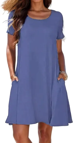 Womens Summer Dresses Casual Short Sleeve T Shirt Dress Swing Flowy Beach Dresses Loose Comfy Sundress with Pockets