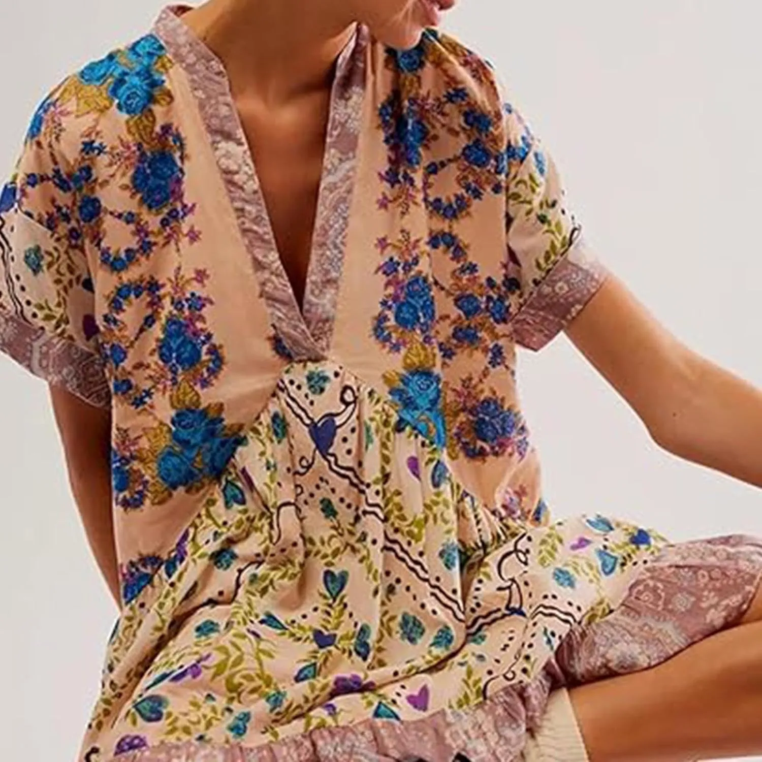 Womens Summer Floral Dresses Short Sleeve V Neck Boho Swing Mini Dress Vacation Trendy Outfits for Women