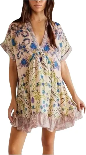 Womens Summer Floral Dresses Short Sleeve V Neck Boho Swing Mini Dress Vacation Trendy Outfits for Women