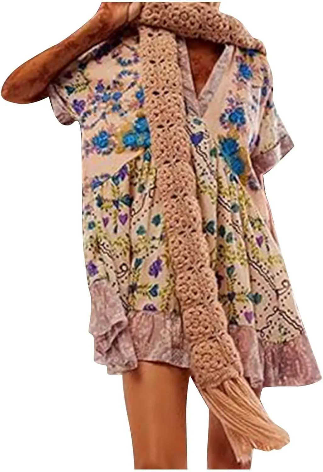 Womens Summer Floral Dresses Short Sleeve V Neck Boho Swing Mini Dress Vacation Trendy Outfits for Women