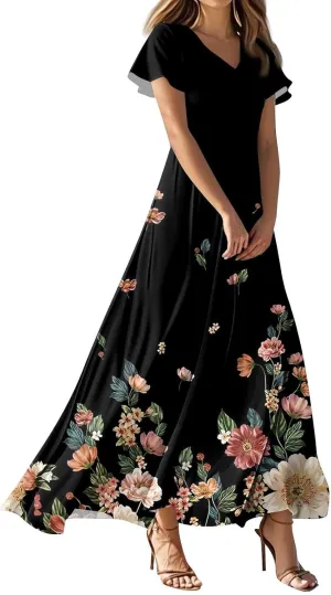 Women's Summer Long Dress Short Sleeve V-Neck Boho Floral Printed Flowy Swing Sundress Wedding Guest Loose Dresses