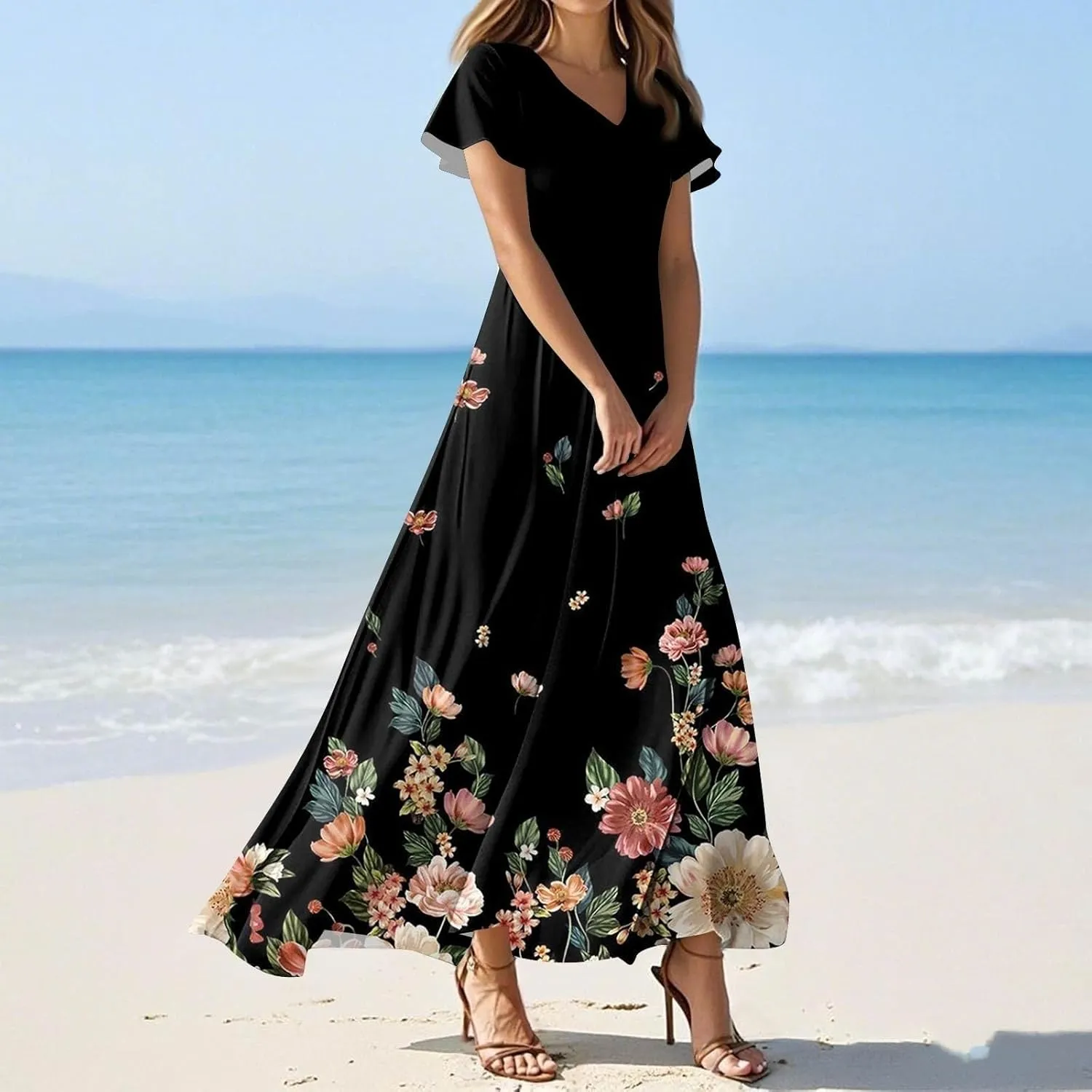 Women's Summer Long Dress Short Sleeve V-Neck Boho Floral Printed Flowy Swing Sundress Wedding Guest Loose Dresses