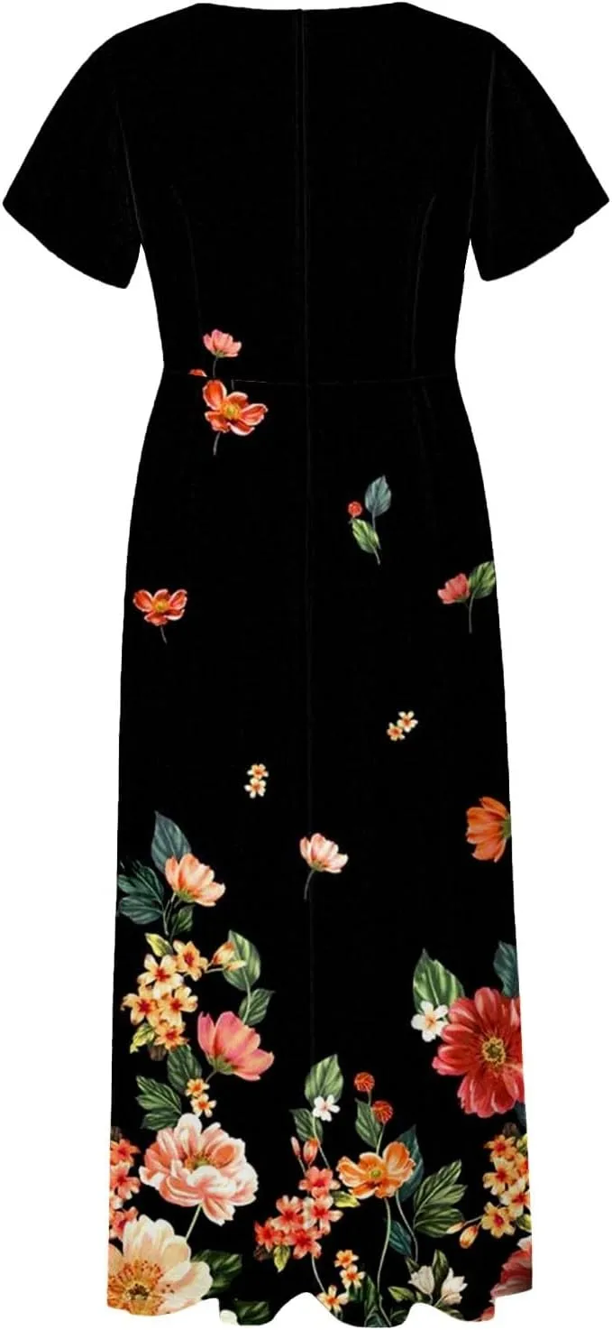 Women's Summer Long Dress Short Sleeve V-Neck Boho Floral Printed Flowy Swing Sundress Wedding Guest Loose Dresses