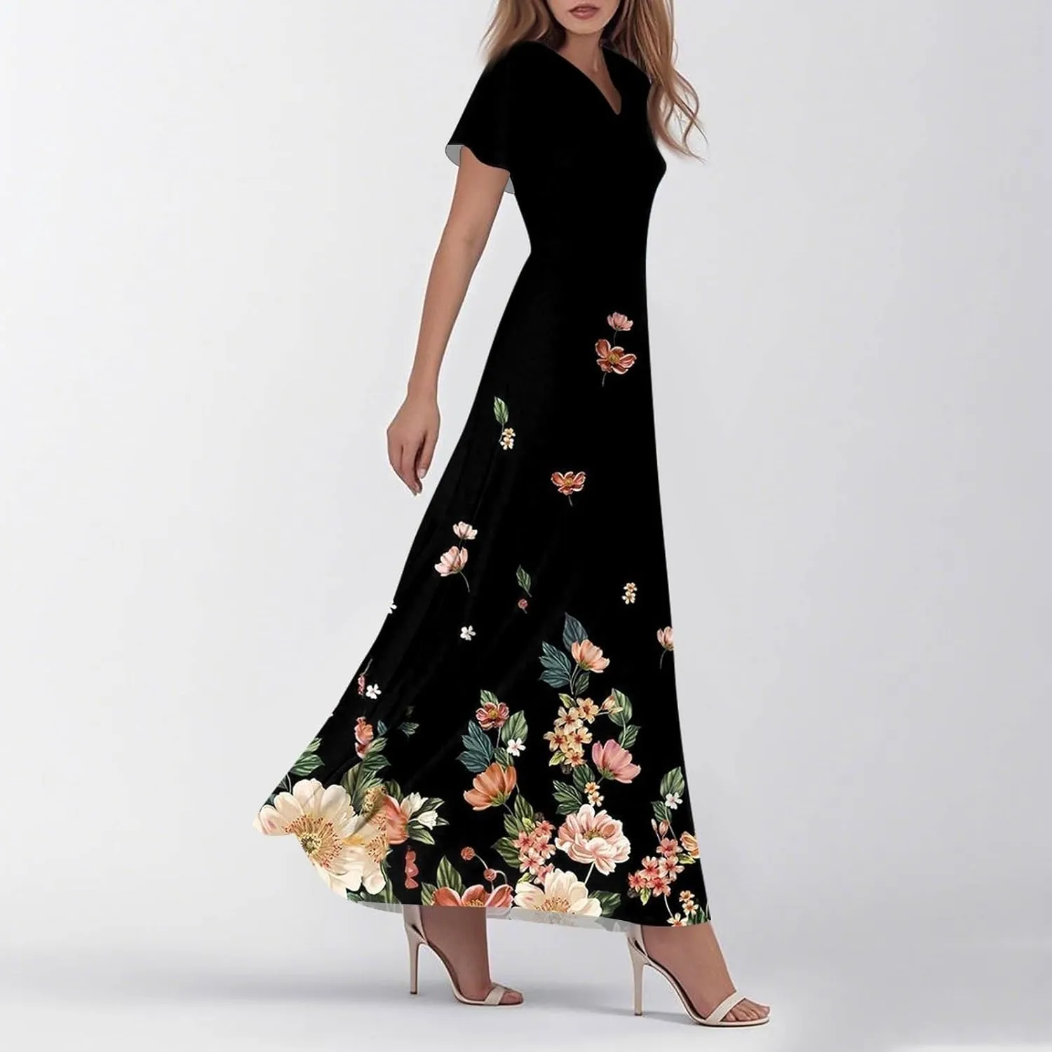 Women's Summer Long Dress Short Sleeve V-Neck Boho Floral Printed Flowy Swing Sundress Wedding Guest Loose Dresses
