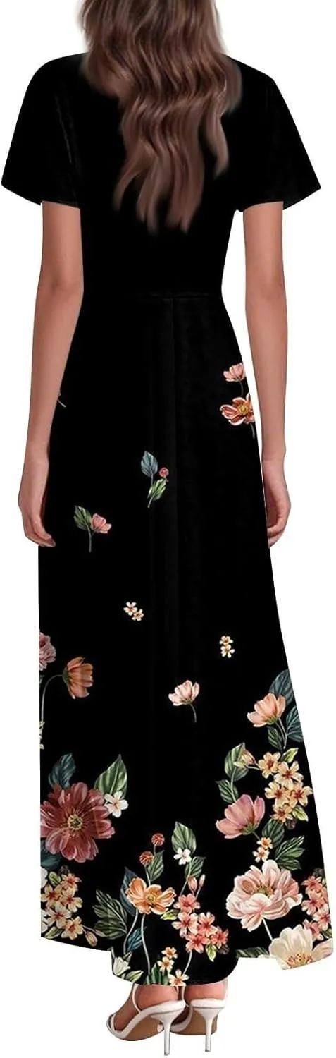 Women's Summer Long Dress Short Sleeve V-Neck Boho Floral Printed Flowy Swing Sundress Wedding Guest Loose Dresses