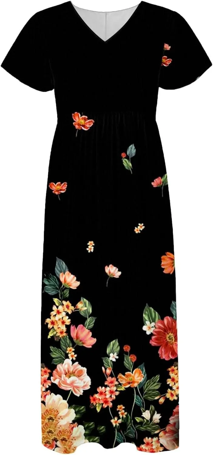 Women's Summer Long Dress Short Sleeve V-Neck Boho Floral Printed Flowy Swing Sundress Wedding Guest Loose Dresses
