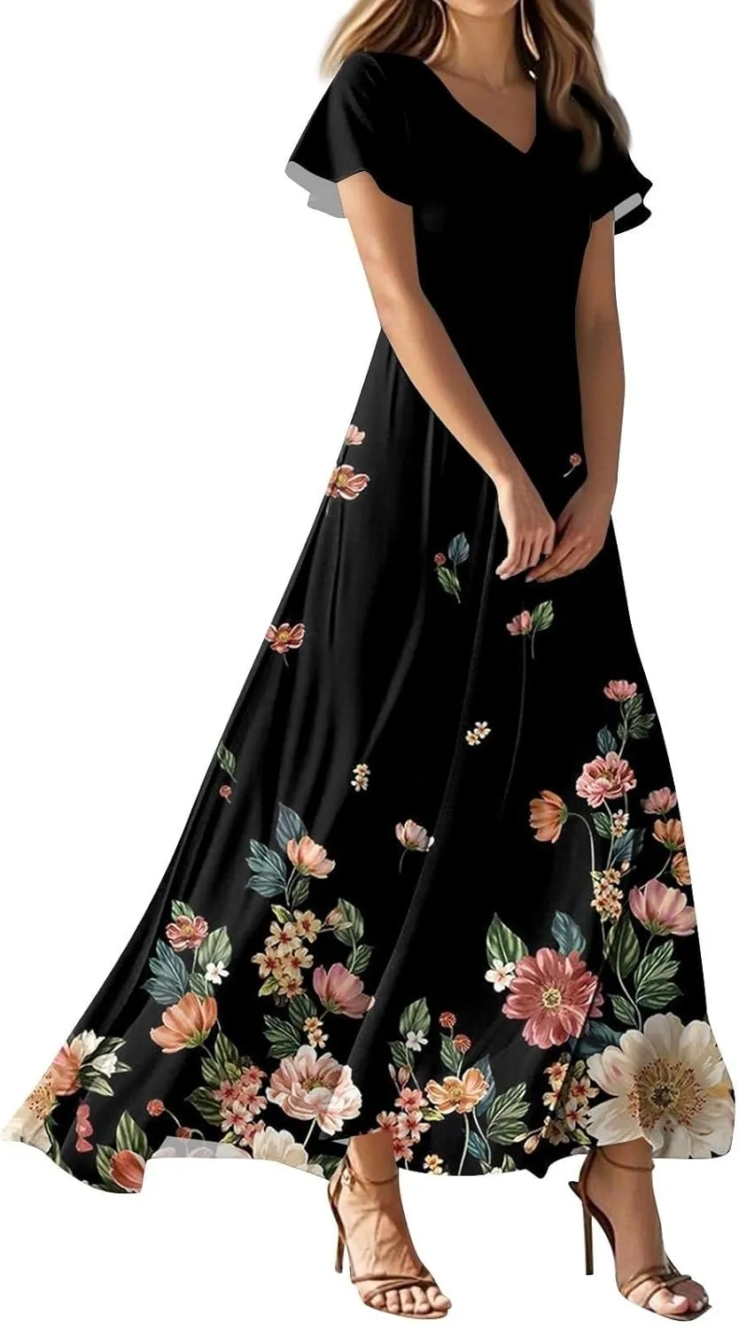 Women's Summer Long Dress Short Sleeve V-Neck Boho Floral Printed Flowy Swing Sundress Wedding Guest Loose Dresses