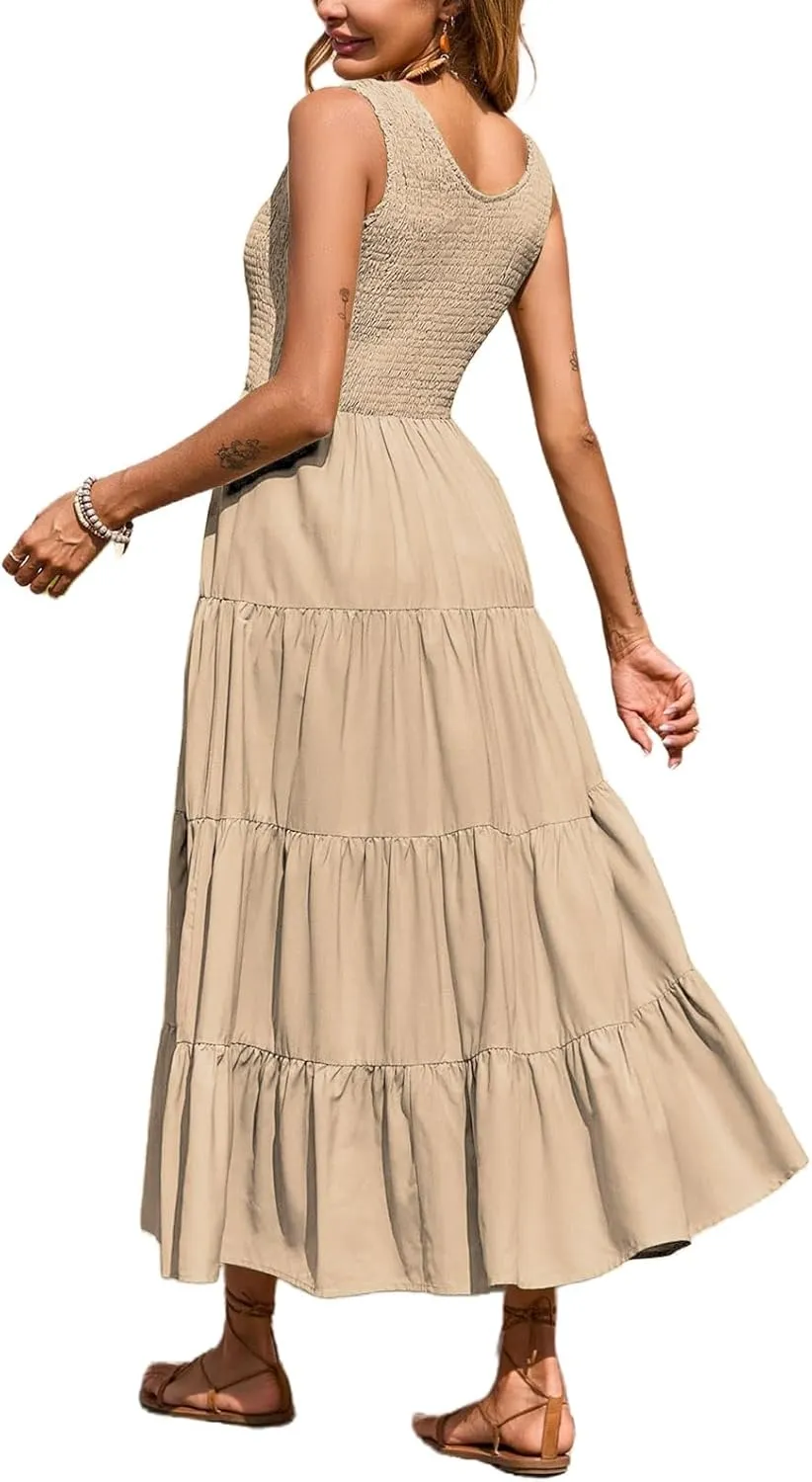 Womens Summer Maxi Sundress Sleeveless Smocked Tiered Tank A-Line Dresses Casual Loose Plain Swing Beach Dress