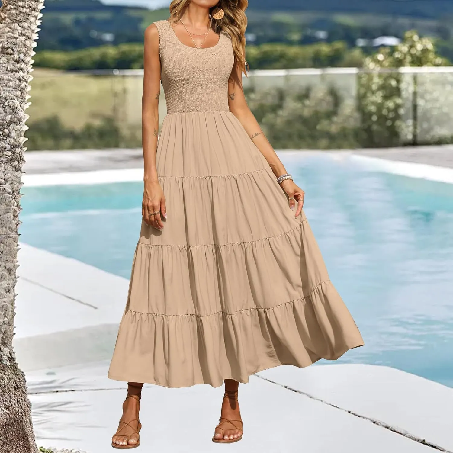 Womens Summer Maxi Sundress Sleeveless Smocked Tiered Tank A-Line Dresses Casual Loose Plain Swing Beach Dress