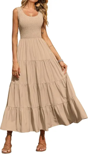 Womens Summer Maxi Sundress Sleeveless Smocked Tiered Tank A-Line Dresses Casual Loose Plain Swing Beach Dress