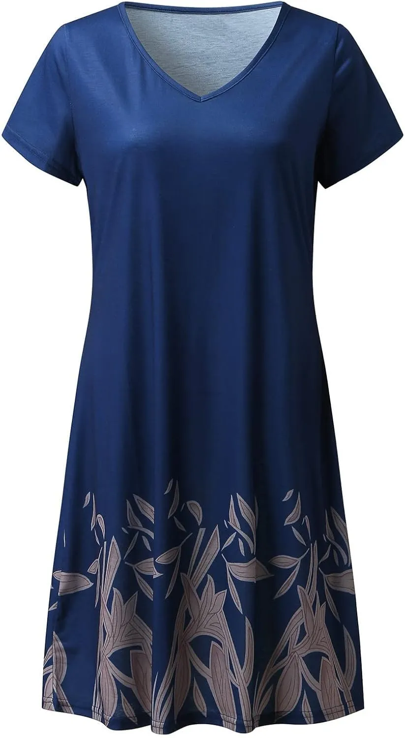 Womens Summer Midi Dresses Trendy V-Neck Short Sleeve Beach Sundresses Floral Printed Dress Casual Loose Outfits 2025