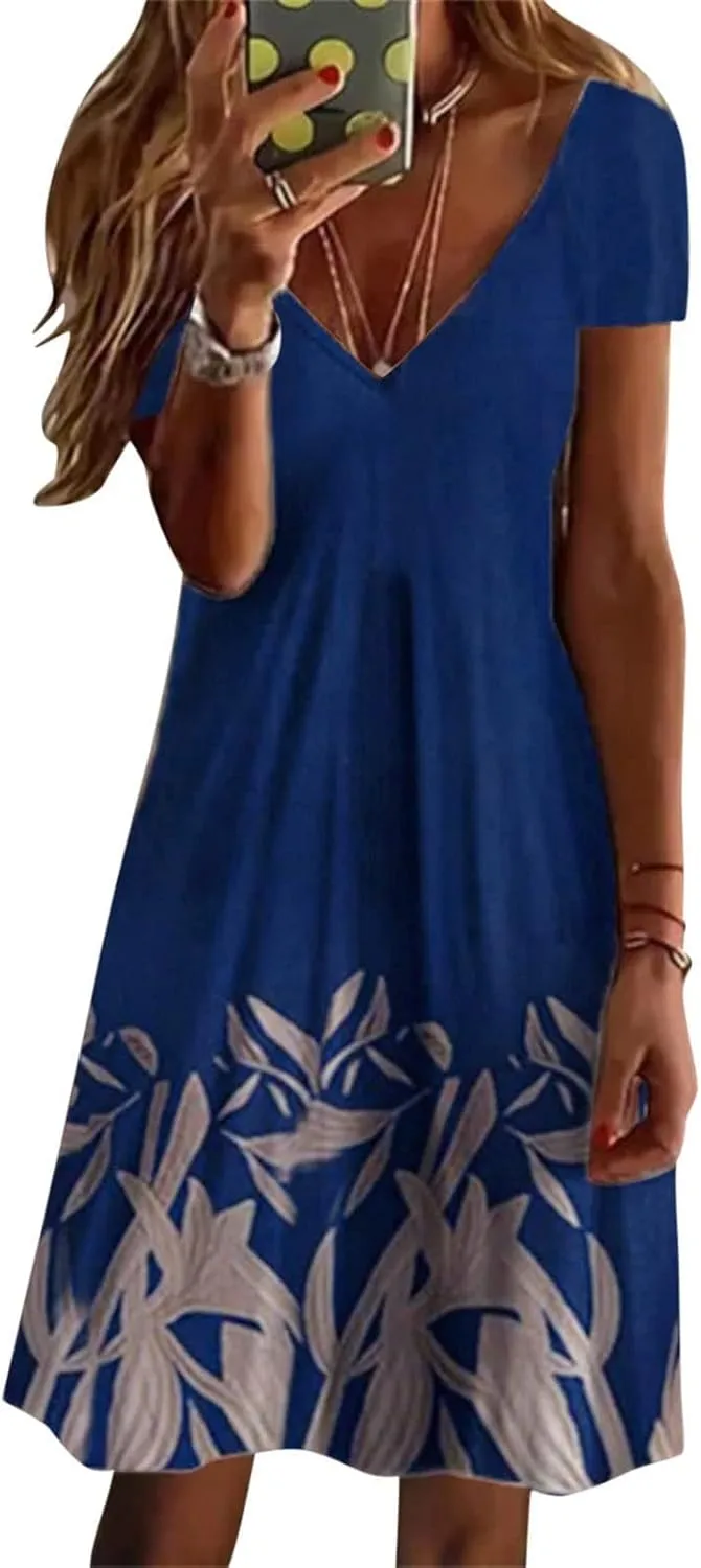 Womens Summer Midi Dresses Trendy V-Neck Short Sleeve Beach Sundresses Floral Printed Dress Casual Loose Outfits 2025
