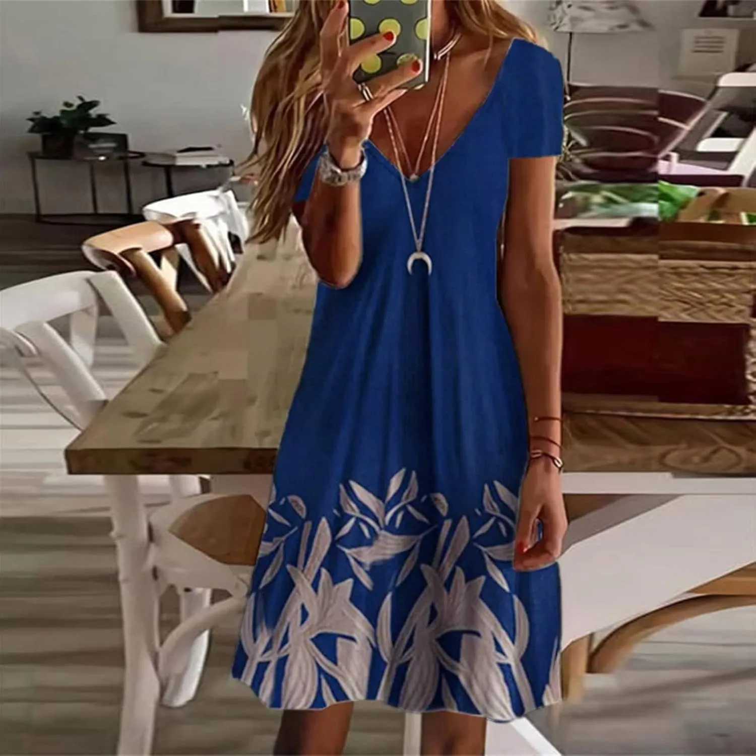 Womens Summer Midi Dresses Trendy V-Neck Short Sleeve Beach Sundresses Floral Printed Dress Casual Loose Outfits 2025