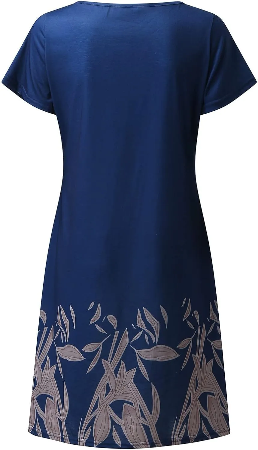 Womens Summer Midi Dresses Trendy V-Neck Short Sleeve Beach Sundresses Floral Printed Dress Casual Loose Outfits 2025