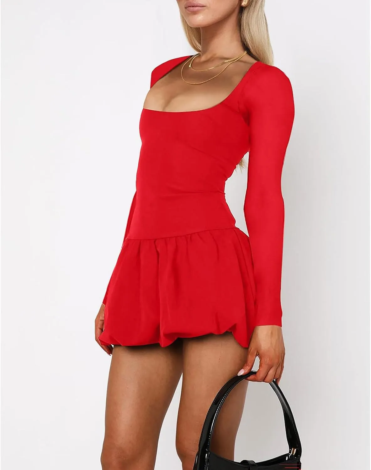 Women's Summer Mini Dress Sexy Square Neck Bubble Ruffle Hem Dresses Casual Comfort Long Sleeve Skirt Party Club