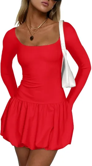 Women's Summer Mini Dress Sexy Square Neck Bubble Ruffle Hem Dresses Casual Comfort Long Sleeve Skirt Party Club