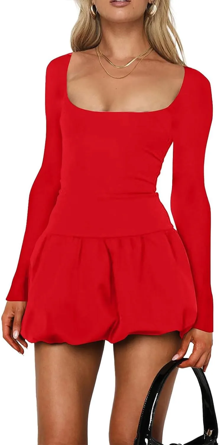 Women's Summer Mini Dress Sexy Square Neck Bubble Ruffle Hem Dresses Casual Comfort Long Sleeve Skirt Party Club