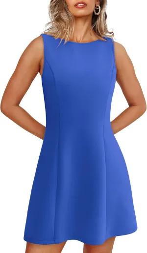 Women's Summer Sexy Sleeveless Crew Neck Tennis Dress Boat Neck A-line Bodycon Party Club Mini Dresses