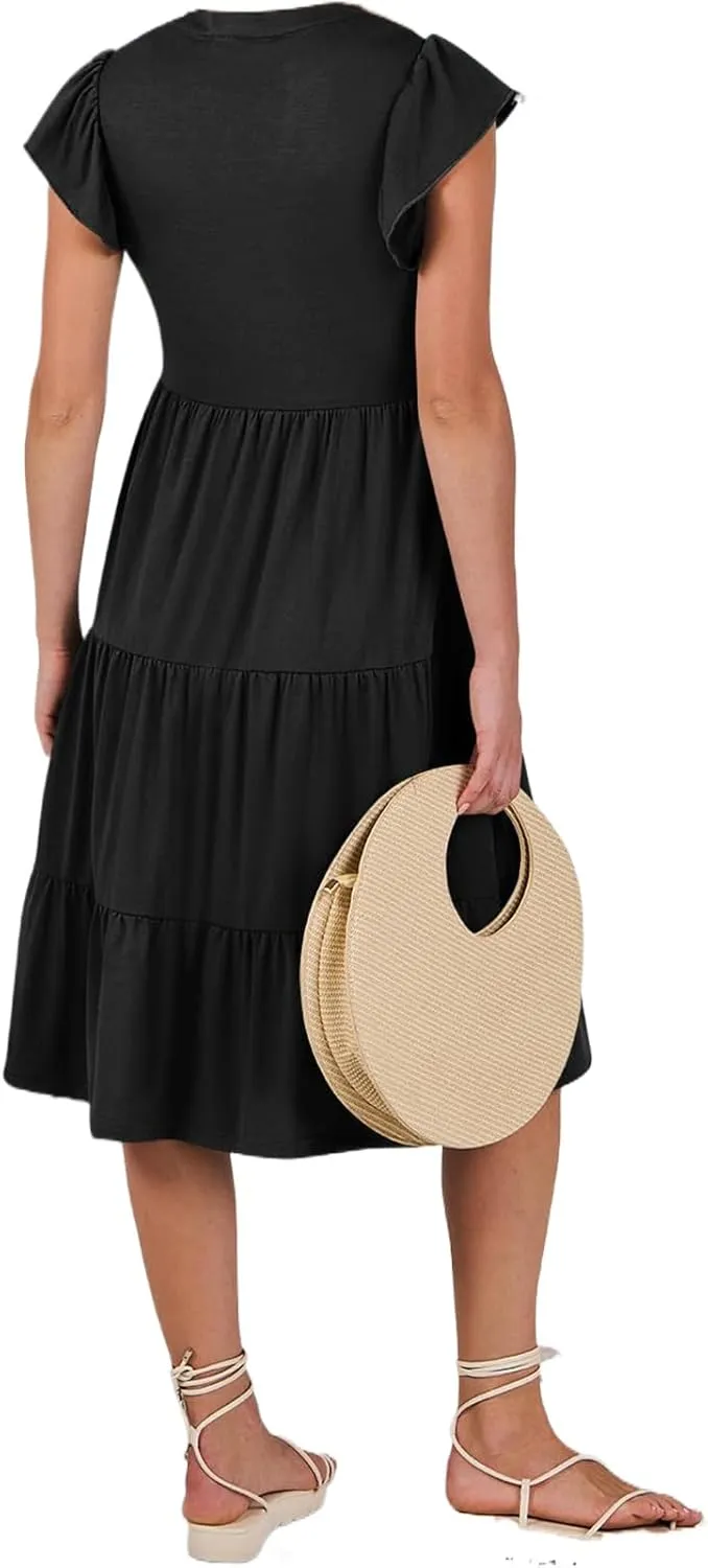 Womens Summer Short Sleeve Casual Dresses V-Neck A Line Work Formal Wedding Guest Midi Dress