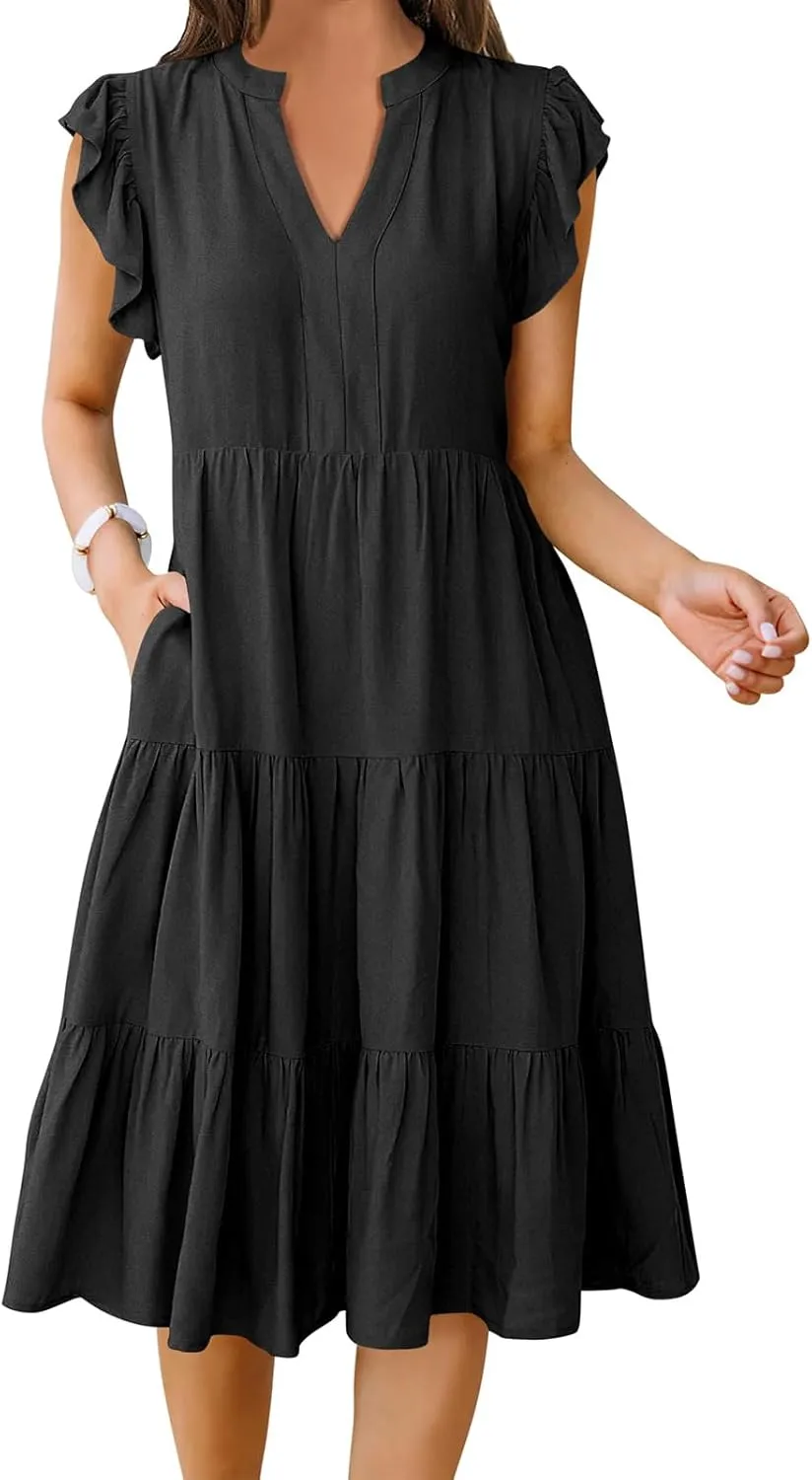 Womens Summer Short Sleeve Casual Dresses V-Neck A Line Work Formal Wedding Guest Midi Dress