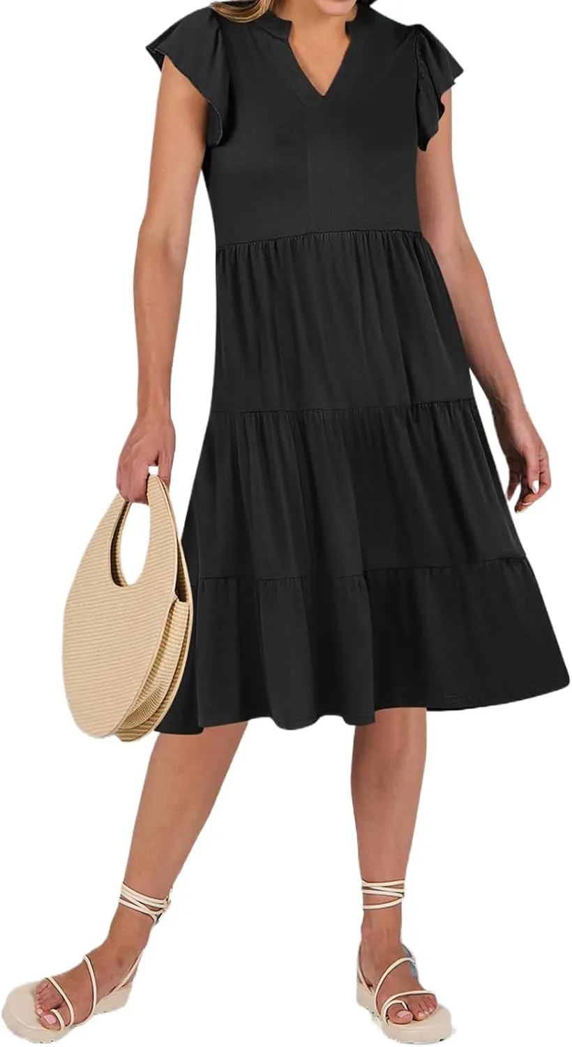 Womens Summer Short Sleeve Casual Dresses V-Neck A Line Work Formal Wedding Guest Midi Dress
