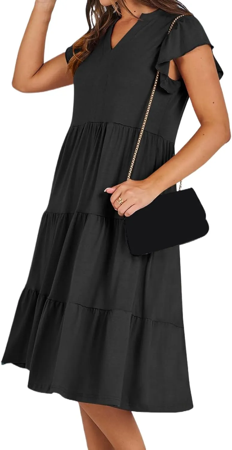 Womens Summer Short Sleeve Casual Dresses V-Neck A Line Work Formal Wedding Guest Midi Dress