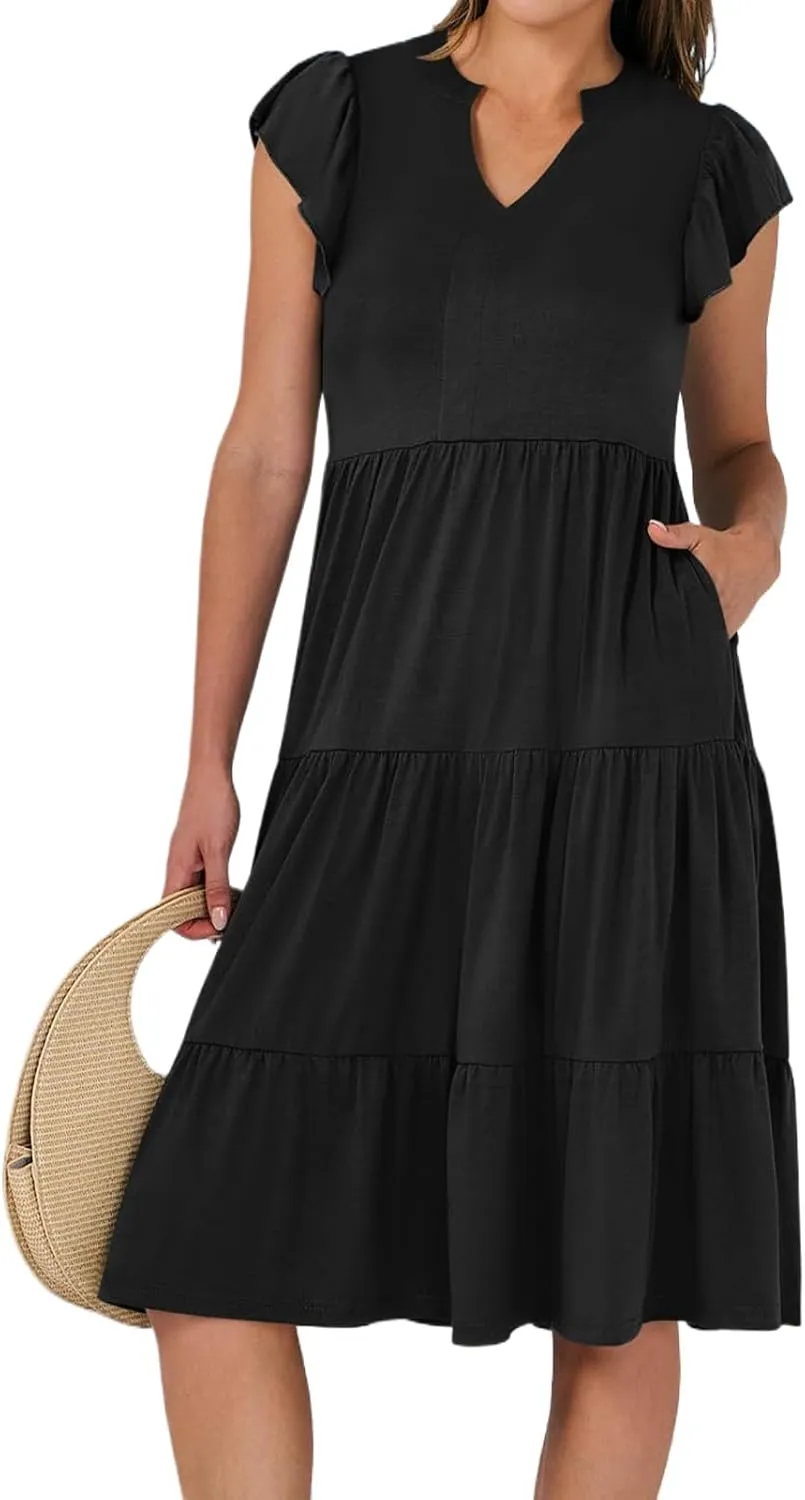 Womens Summer Short Sleeve Casual Dresses V-Neck A Line Work Formal Wedding Guest Midi Dress